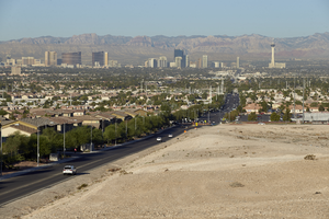 Cars on East Sahara Avenue east of Hollywood Boulevard with the Las Vegas Strip view, looking west, Las Vegas, Nevada: digital photograph