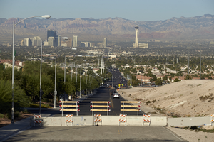 Barriers at the east end of East Sahara Avenue, looking west, Las Vegas, Nevada: digital photograph