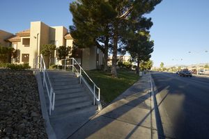 Stairs at Summerhill Pointe Apartments on West Sahara Avenue west of Fort Apache Road, looking west, Las Vegas, Nevada: digital photograph
