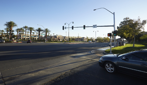 Traffic lights on West Sahara Avenue west of Fort Apache Road, looking northeast, Las Vegas, Nevada: digital photograph