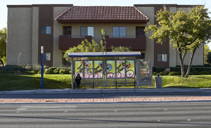Bus stop and apartment building on West Sahara Avenue west of Fort Apache Road, looking south, Las Vegas, Nevada: digital photograph