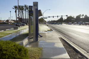 Bus stop and landscaping along West Sahara Avenue at Fort Apache Road, looking east, Las Vegas, Nevada: digital photograph