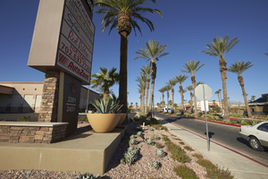 Village Center entrance with landscaping, looking west, Las Vegas, Nevada: digital photograph