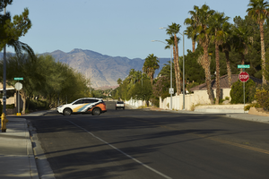 Car on Buffalo Drive at Via Olivero Avenue, looking west, Las Vegas, Nevada: digital photograph