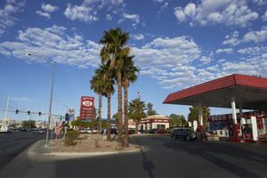 Gas staions at Buffalo Drive and West Sahara Avenue, looking west, Las Vegas, Nevada: digital photograph