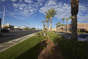 Landscaping with grass and palm trees on West Sahara Avenue east of Buffalo Drive, looking west, Las Vegas, Nevada: digital photograph