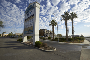 Cumorah Business Center sign on West Sahara Avenue east of Buffalo Drive, looking northeast, Las Vegas, Nevada: digital photograph