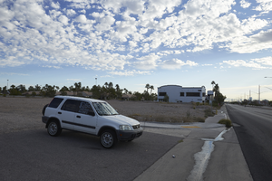 Used car on vacant lot on West Sahara Avenue east of Buffalo Drive, looing northeast, Las Vegas, Nevada: digital photograph