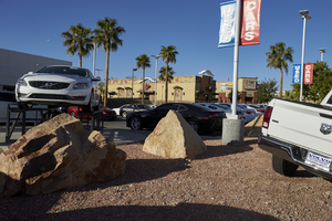 Used cars for sale on West Sahara Avenue east of Buffalo Drive, looking southwest, Las Vegas, Nevada: digital photograph