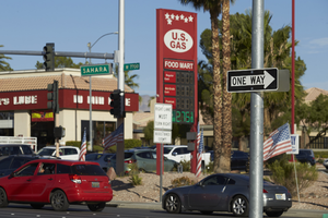 Traffic sign on West Sahara Avenue east of Buffalo Drive, looking northwest, Las Vegas, Nevada: digital photograph