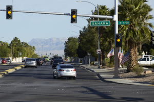 Cars on Buffalo Drive at West Sahara Avenue, looking north, Las Vegas, Nevada: digital photograph