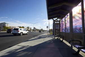 Artwork at a bus stop on West Sahara Avenue west of Buffalo Drive, looking east, Las Vegas, Nevada: digital photograph