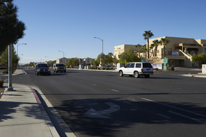 Traffic on Cimarron Road south of West Sahara Avenue, looking southwest, Las Vegas, Nevada: digital photograph