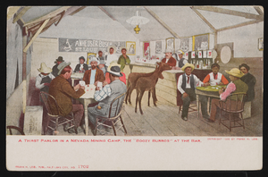 A thirst parlor in a Nevada mining camp, the "Boozy Burros" at the bar: postcard