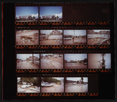 Contact sheet containing photos of the Latter-Day Saints Temple and of a flooded street: photographic print