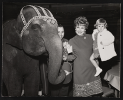 Judy Bayley and granddaughter Laura-Lisa next to Tanya, the elephant during the Cancer Crusade event at the International Hotel: photographic print
