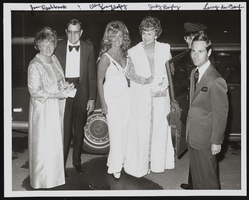 Joan Rashbrook, an unidentified man, Joan Shoofey, Judy Bayley, and Larry duBoef (identified from left to right): photographic print