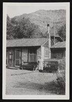 Mrs. Mariger and the dog Pixie posed in front of a house with trees and a mountain in background: photographic print