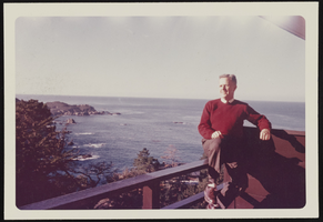 Gordon Barker, husband of Victoria Siegfried Barker, standing on deck: photographic print