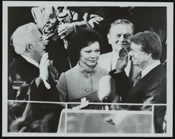 Chief Justice Earl Warren, Eleanor Rosalynn Carter, Howard Cannon, and President Jimmy Carter in inaugural ceremony: photographic print