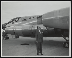 Howard Cannon inspects the intake on the J-79 engines on the United States Air Force's B-58 Hustler at the World Congress of Flight, Las Vegas, Nevada: photographic print