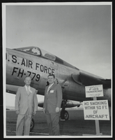 Senators Stephen Young and Howard Cannon inspect the United States Air Force's supersonic fighter-bomber, the F-105 Thunderchief, at the World Congress of Flight, Las Vegas, Nevada: photographic print