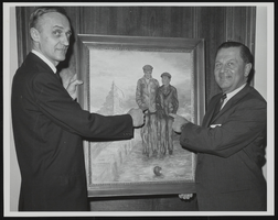Howard Cannon and Colonel Frank Krebs pose in front of an oil painting of them: photographic print