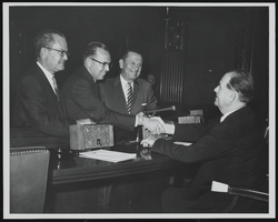 Nevada Attorney General Roger Foley is welcomed by Senators Olin D. Johnston, Alan Bible, and Howard Cannon: photographic print
