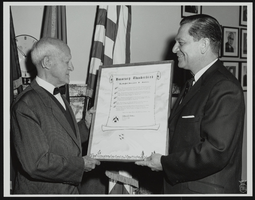 Howard Cannon congratulates retired Major General Benjamin D. Foulois on becoming an honorary member of the Air Force Thunderbirds: photographic print