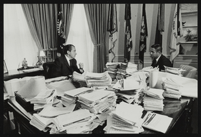 President Richard Nixon pictured conferring with White House Chief of Staff Bob Haldeman in the Oval Office: photographic print