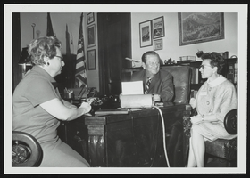 Nevada representatives of Business and Professional Women Louise Lighter and Minnie Alderman meet with Howard Cannon to discuss the Equal Rights Amendment currently before Congress: photographic print