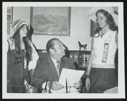 Girls Nation "Senators" Joanie Franks and Vickie Marshall, both of Las Vegas, Nevada, are greeted by Howard Cannon in his Washington, D.C. office: photographic print