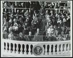 Howard Cannon at the rostrum during the Presidential Inauguration with Rosalyn Carter, Gerald Ford, Jimmy Carter, Walter Mondale, and Nelson Rockefeller: photographic print