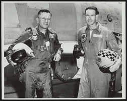 Howard Cannon at Nellis Air Force Base, Nevada, with Lieutenant Livingston in flight gear: photographic print