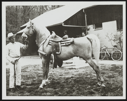 Howard Cannon holds reins of his horse, Edgewood Sunrise: photographic print