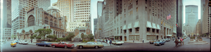 View of Waldorf Astoria, St. Bartholomew's Church, and Pan Am building from Park Avenue, New York City, New York: panoramic photograph