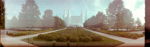 Mormon Temple in Washington, D.C. with Three Mile Island exposure: panoramic photograph