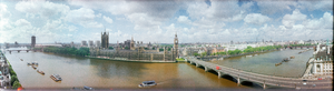 View of Big Ben and House of Commons from across the Thames, London, England: panoramic photograph
