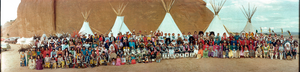 1982 Intertribal Native American ceremony: Zuni, Zuni Olla Maidens, Hopi, Aztecs, Kiowa, Voladores, Comanche, Toas, San Juan Navajo, Laguna, Mescalero Apache tribes, Gallup, New Mexico: panoramic photograph