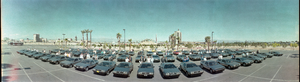 DeLorean car rally at Hilton Hotel, Las Vegas, Nevada: panoramic photograph