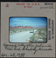 Photographic slide of a car approaching Valley of Fire, Nevada, April 28, 1959