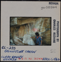 Photographic slide of petroglyphs at Brownstone Canyon, Clark County, Nevada, April 1, 1962