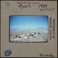Photographic slide of a desert camp site in Nevada, April 1956