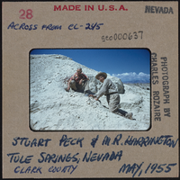 Photographic slide of Stuart Peck and M. R. Harrington at Tule Springs, Nevada, May 1955