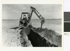 Photograph of backhoe digging a trench for a water line, Amargosa Valley, Nevada, 1980