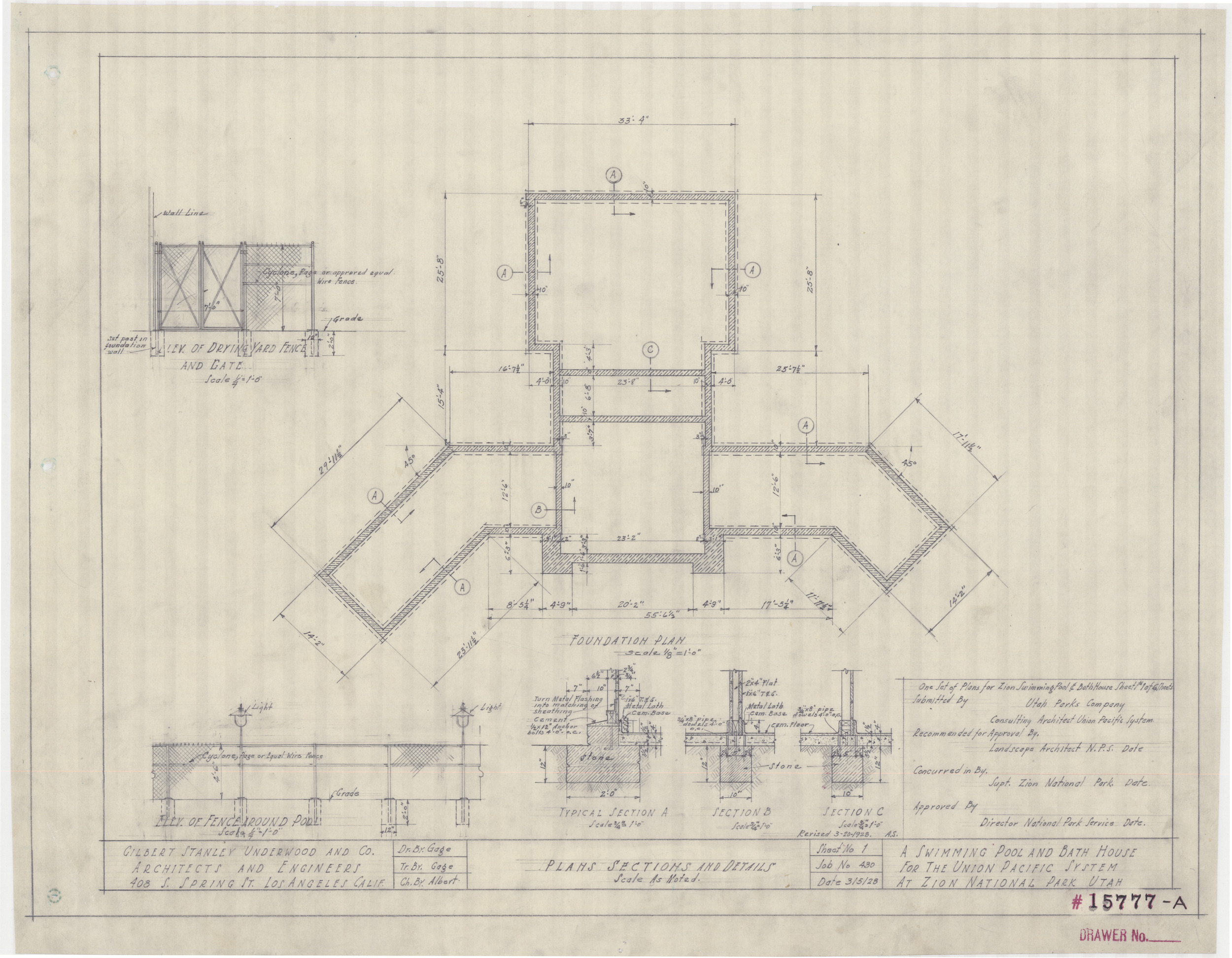 Architectural drawing of swimming pool & bath house at Zion National Park, Utah, plans, sections and details, March 5, 1928, sheet no. 1, plans, sections and details