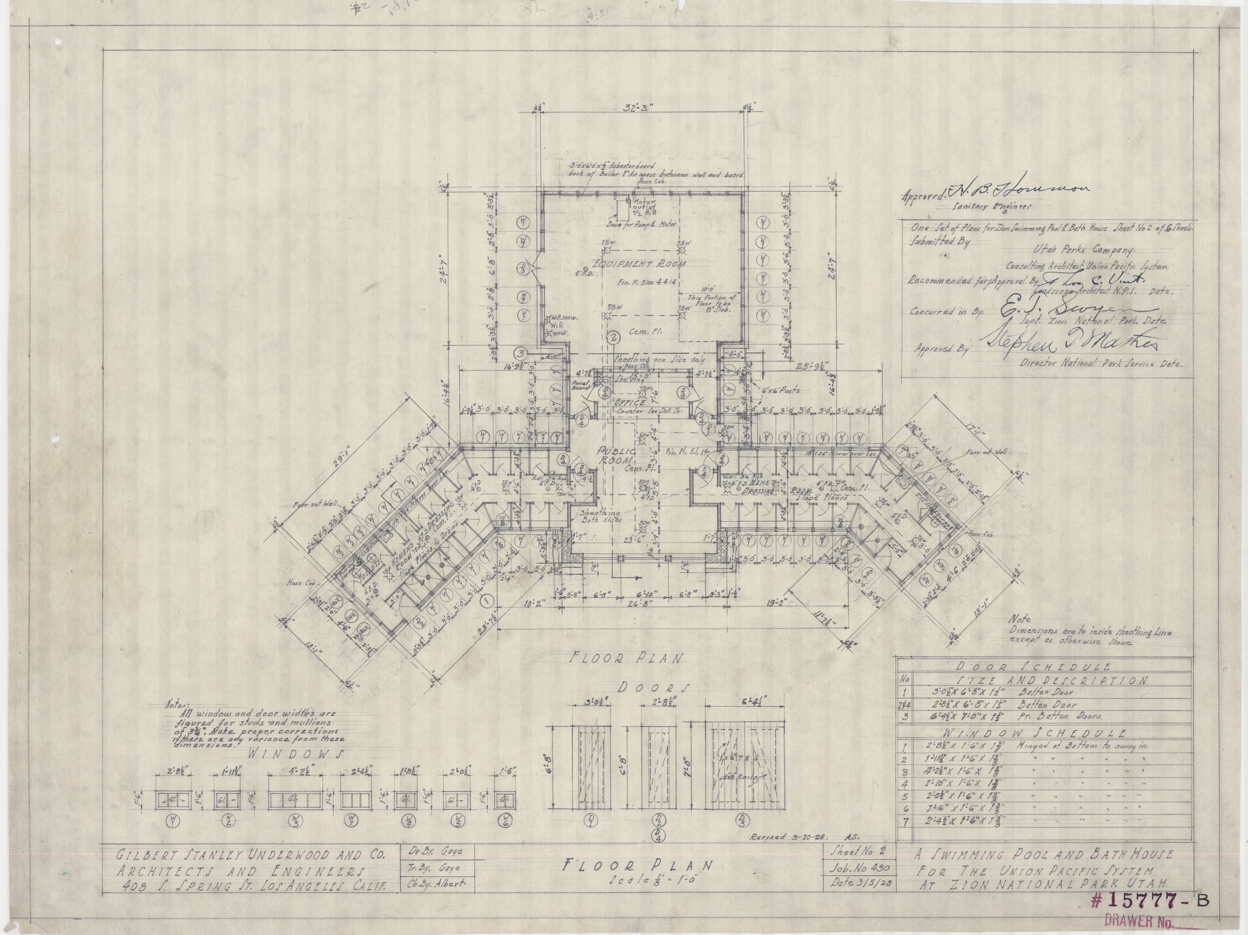 Architectural drawing of swimming pool & bath house at Zion National Park, Utah, floor plan, March 5, 1928, sheet no. 2, floor plans