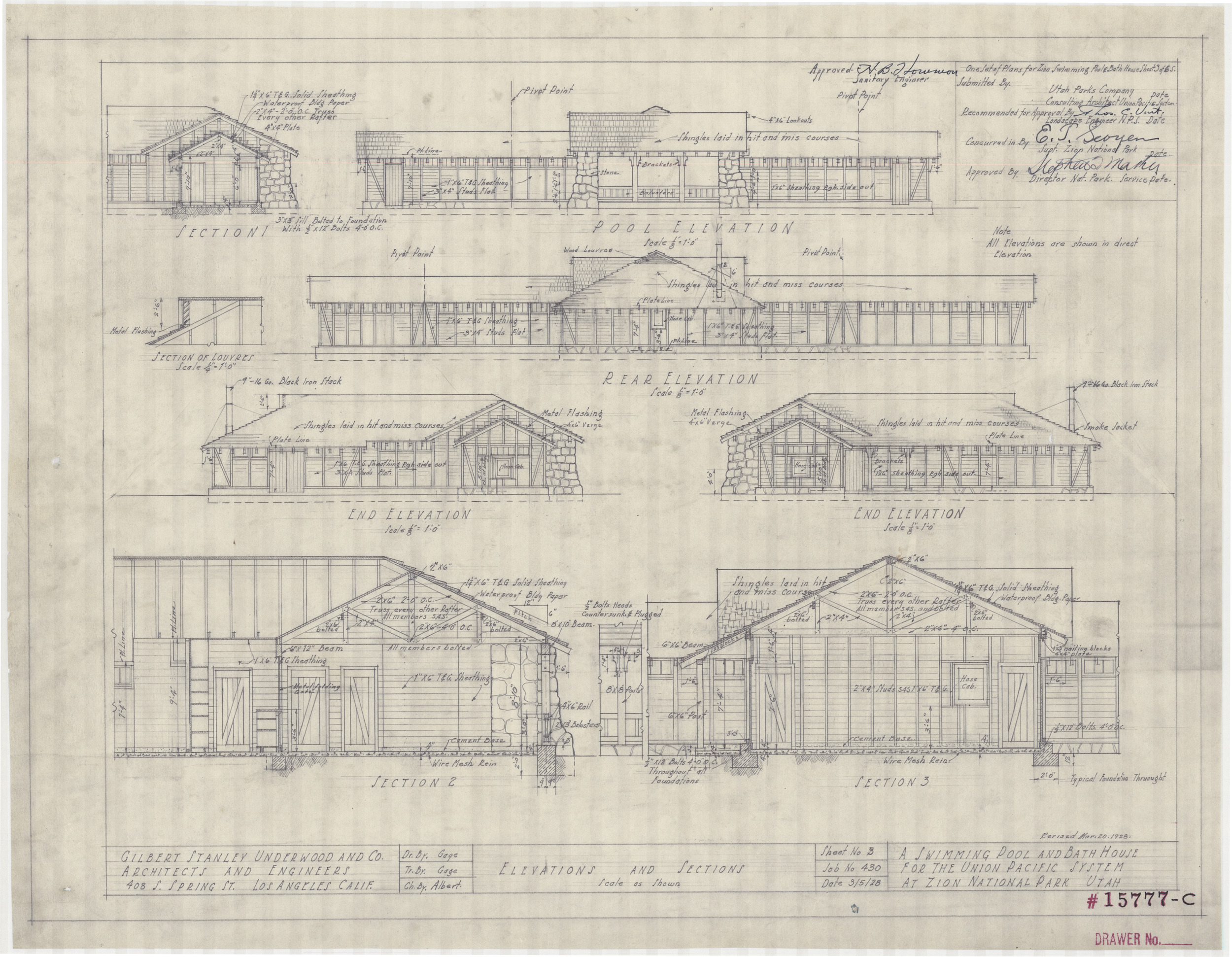 Architectural drawing of swimming pool & bath house at Zion National Park, Utah, floor plan, March 5, 1928, sheet no. 3, elevations and sections
