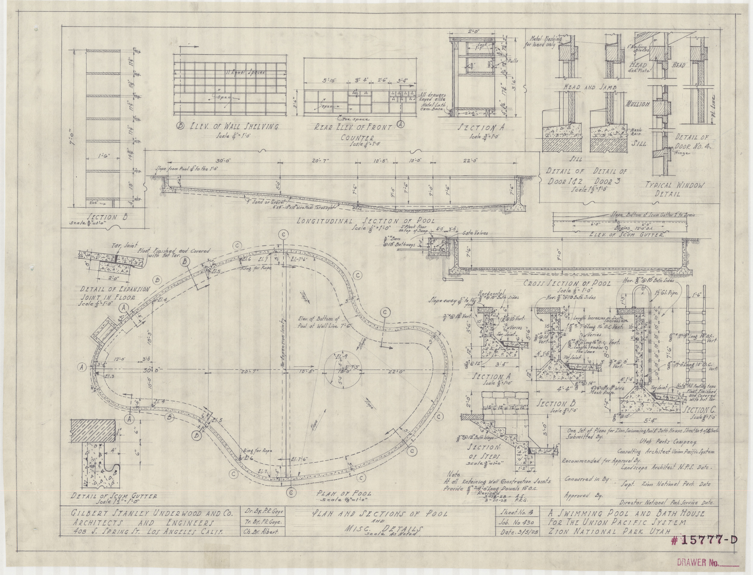 Architectural drawing of swimming pool & bath house at Zion National Park, Utah, floor plan, March 5, 1928, sheet no. 4, plan sections of pool and miscellaneous details