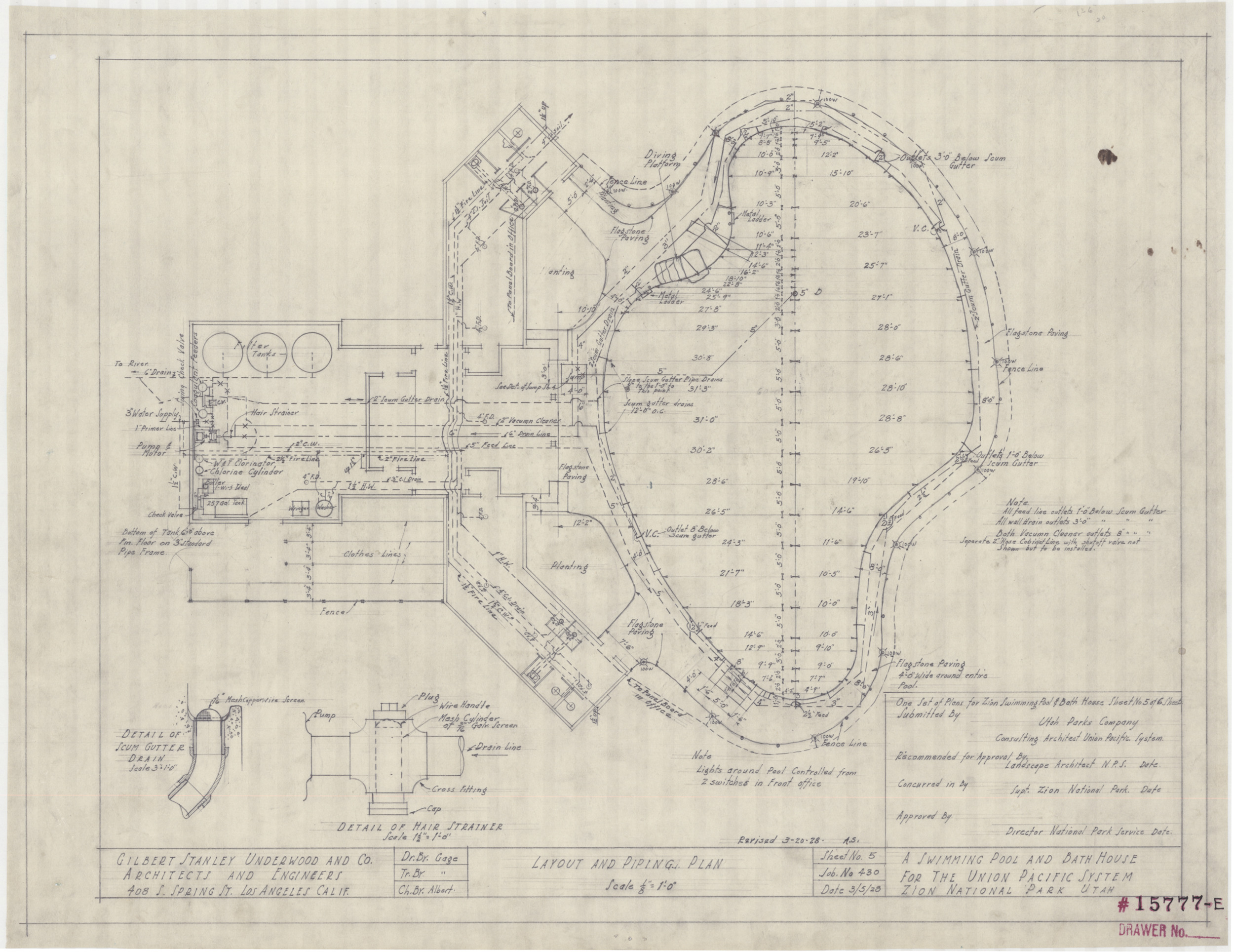 Architectural drawing of swimming pool & bath house at Zion National Park, Utah, floor plan, March 5, 1928, sheet no. 5, layout and piping plan